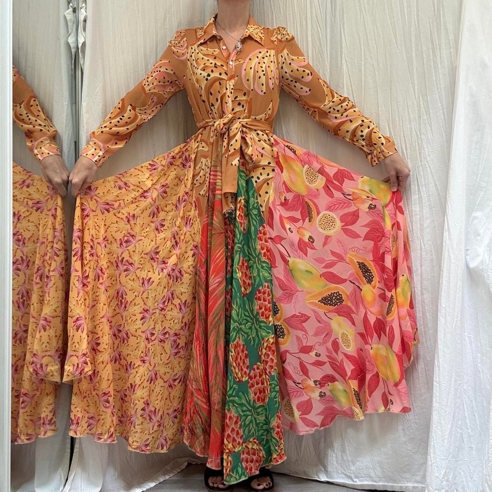 Farm Rio Orange Green Pink Mixed Print Banana Tropical Fruit Maxi Shirt Dress S